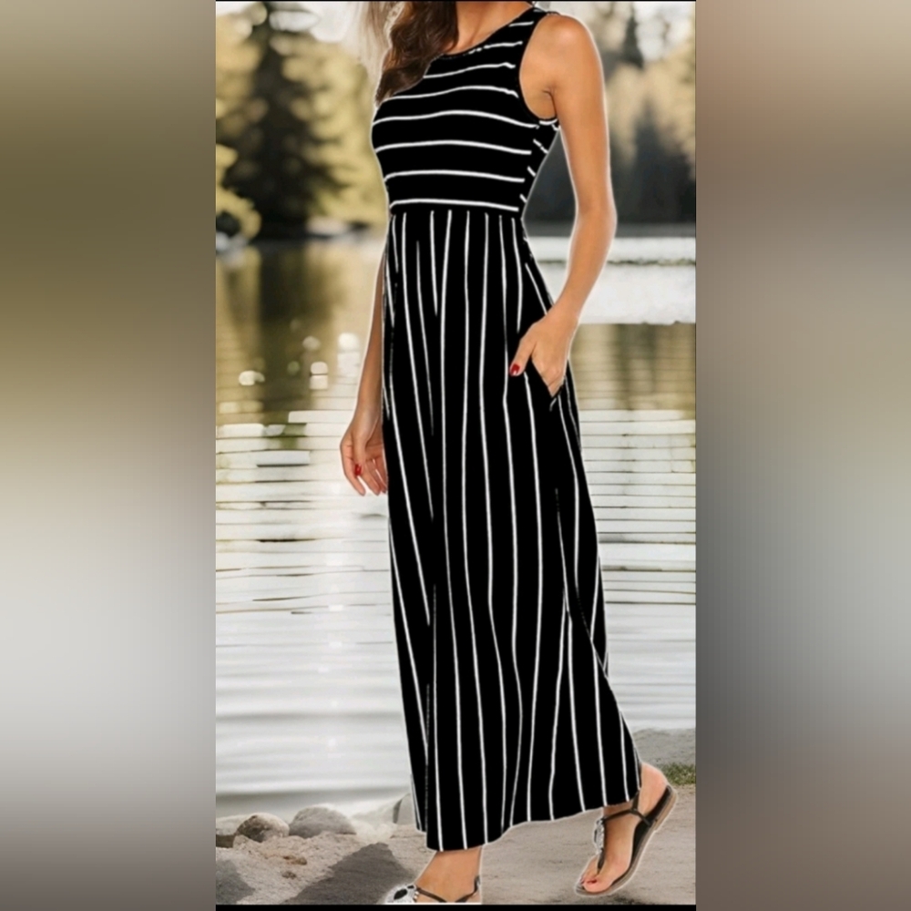 Women's Summer Sleeveless Black&White Striped Flowy Casual Maxi  with Pockets - Picture 2 of 5